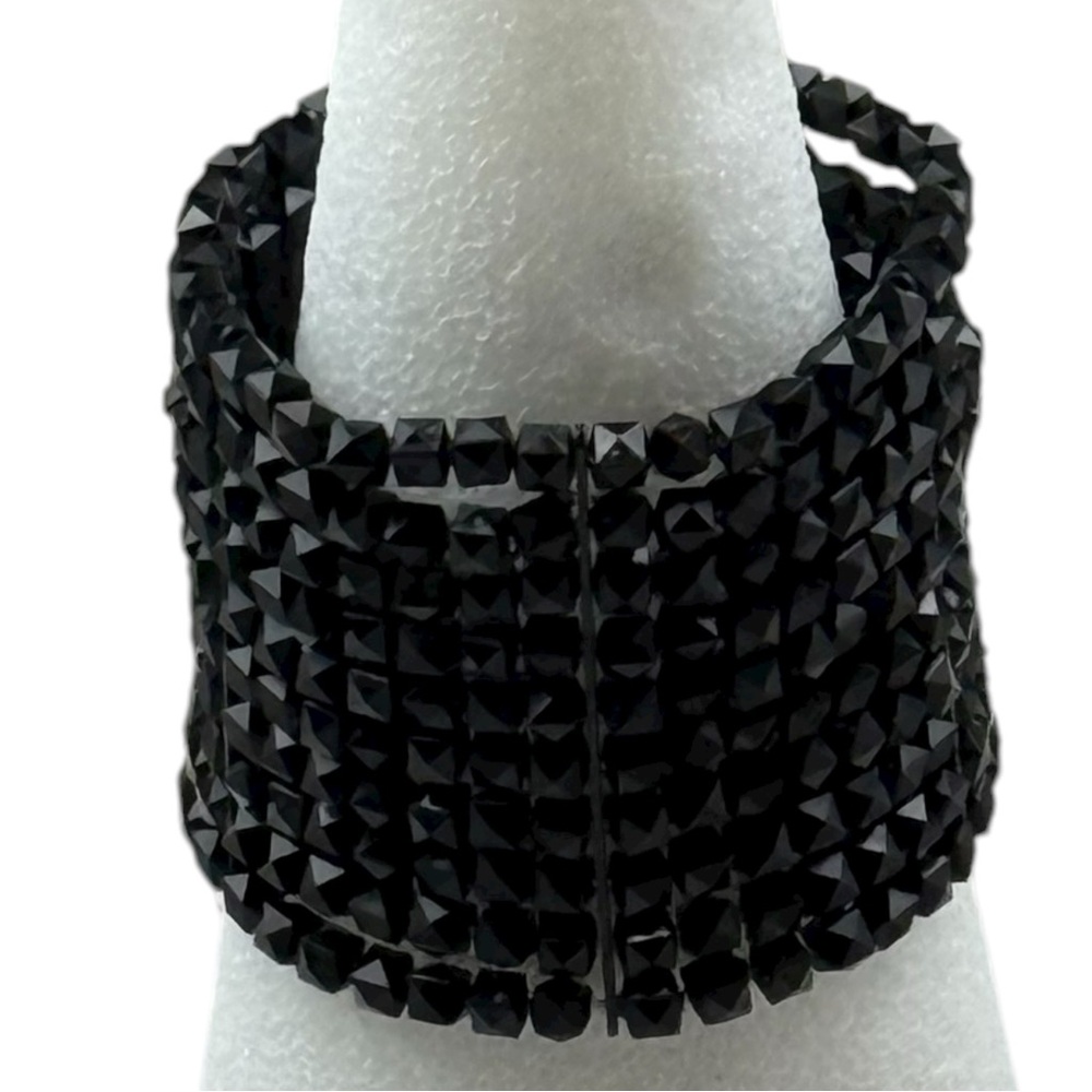 Black Faceted Beaded Stretch Bracelet Wide Statement‎ Cuff